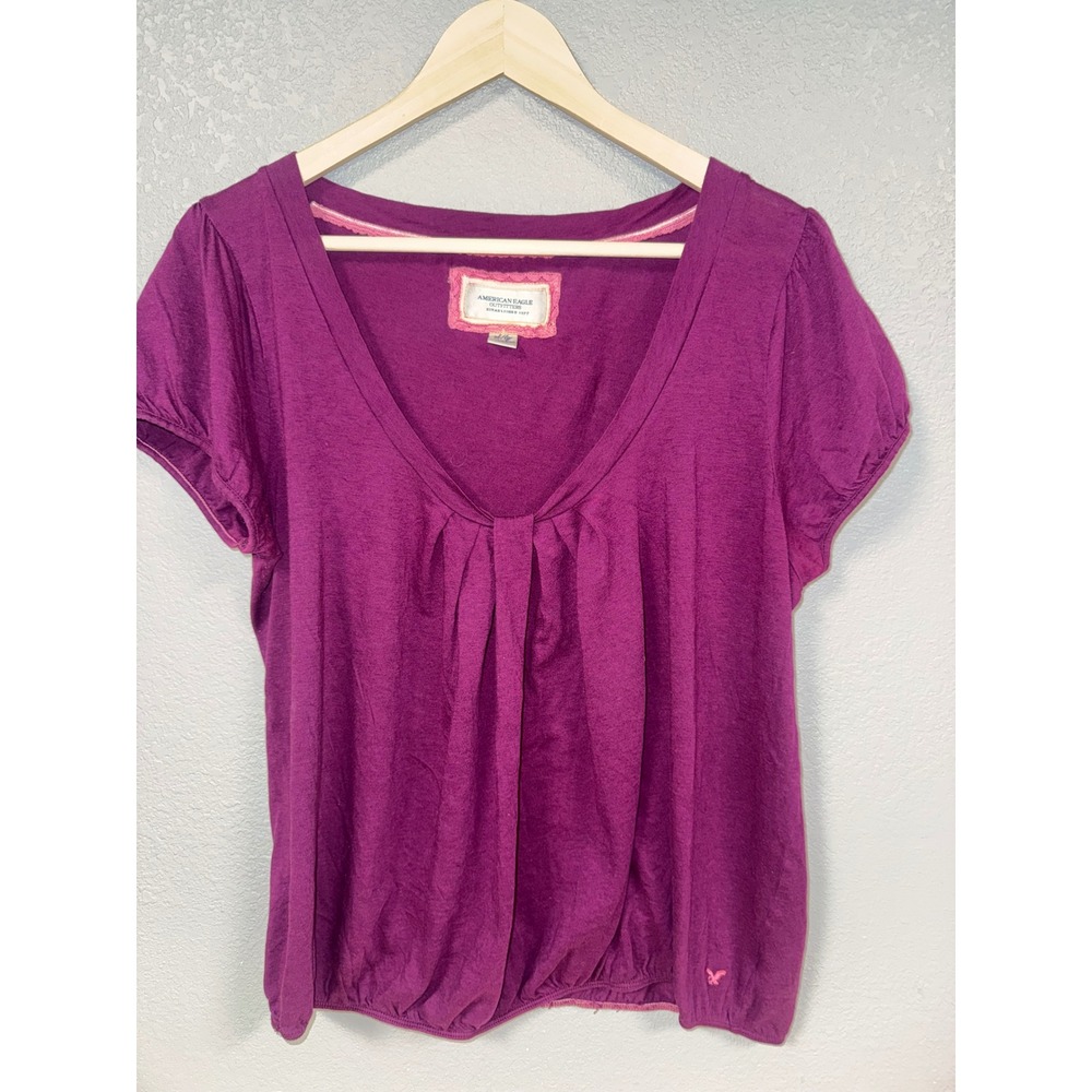 Y2K American Eagle Outfitters Purple‎ V-Neck Pleated Bubble Hem Top XL